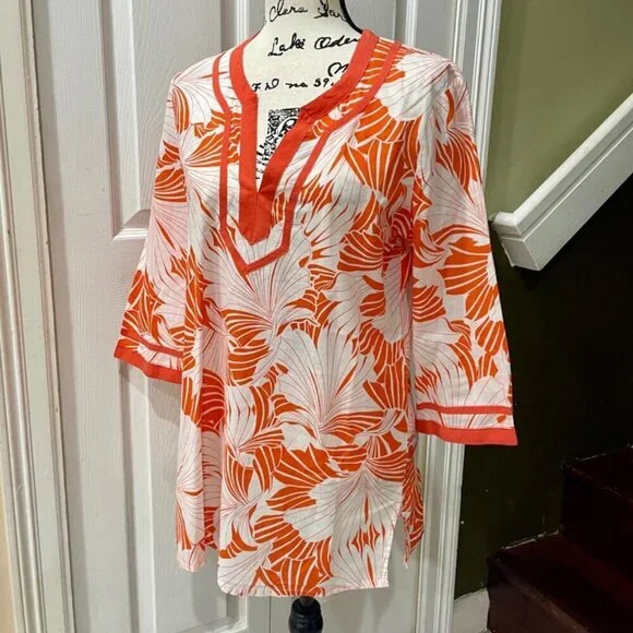 J.CREW TROPICAL PREPPY TUNIC MINI DRESS 3/4 SLEEVE FLORAL BOHO 70’ STYLE SZ M - Picture 9 of 13